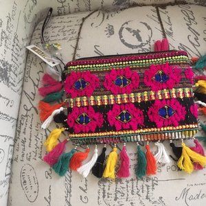 New Steve madden tassel beaded fiesta embroidered clutch bag crossbody JHALLY